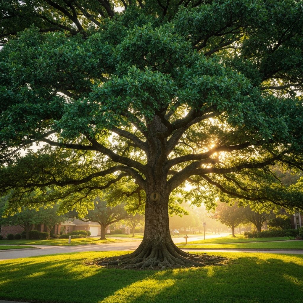 A large oak tree in full summer canopy